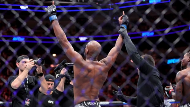 Mar 9, 2024; Miami, Florida, USA; Michael Page celebrates his defeat of Kevin Holland during UFC 299 at Kayesa Center. Mandatory Credit: Sam Navarro-USA TODAY Sports